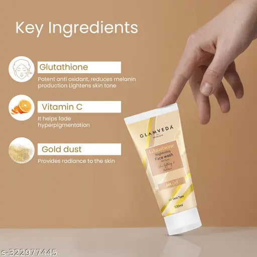 Glamveda Glutathione 24k Gold Face Wash Lightens skin tone, Reduce Dark spots & Hyperpigmentation | Enhances Natural Radiance, Glow Booster | For All Skin Types | SLS & Paraben Free 300 ml ( Pack Of 3)