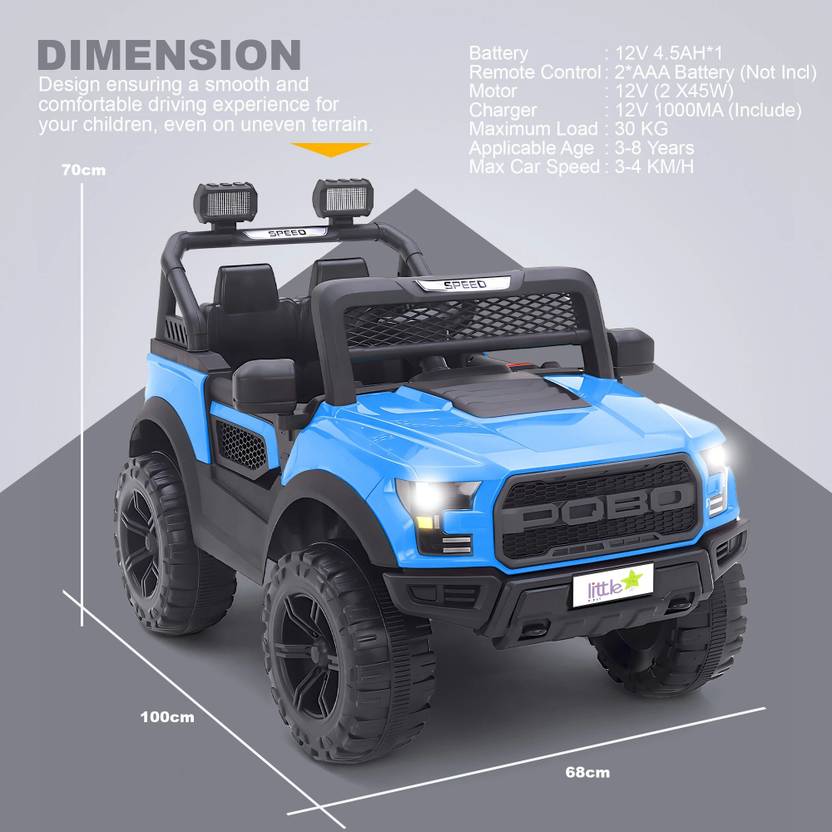 LITTLE RIDES Pobo 12v Battery Operated Jeep for Kids, with Light & Music Big Jeep Jeep Battery Operated Ride On  (Blue)