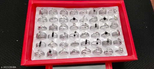 Pack of 48 Silver plated Rings with Mix design for Girls, Women & Ladies(1 Box)