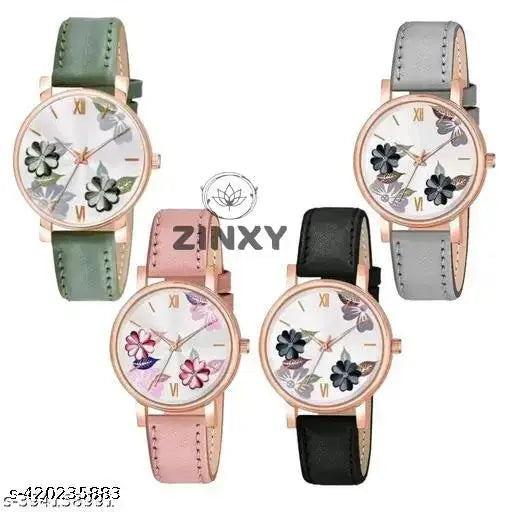 Attractive Ethnic Flower Designer Leather Belt Analog Watches for Women Watches for Girls COMBO 4