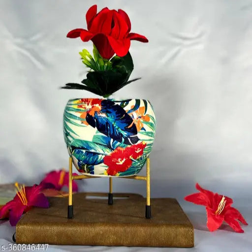 Multicolour Metal Pot with Stand, Rust-Free Powder Coating, Indoor Outdoor Use, Home Office Decor, Plants Not Included, Pot Size: 10 * 13cm, Stand Height: 7.5cm