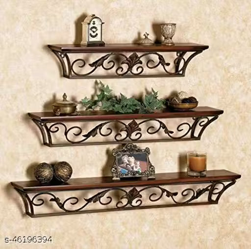 Wooden Iron Wall Shelf Wall Bracket Floating Wall Sheves Set of 3 for Home Decor, Living Room Decor