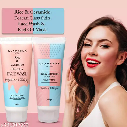 Glamveda Rice & Ceramide Korean Glass Skin Combo ( Face wash + Peel Off Mask ) | Skin Brightening & Anti Dullness