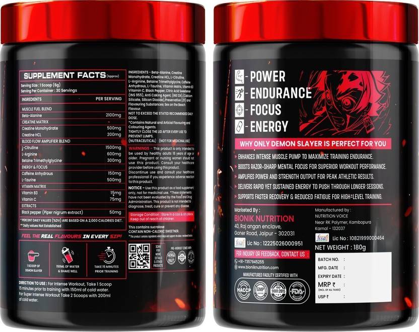BIONIK NUTRITION Demon Slayer Pre-Workout | Extreme Energy, Pump & Focus, 2100mg Beta-Alanine Pre Workout (180 g, Sex on the Beach)