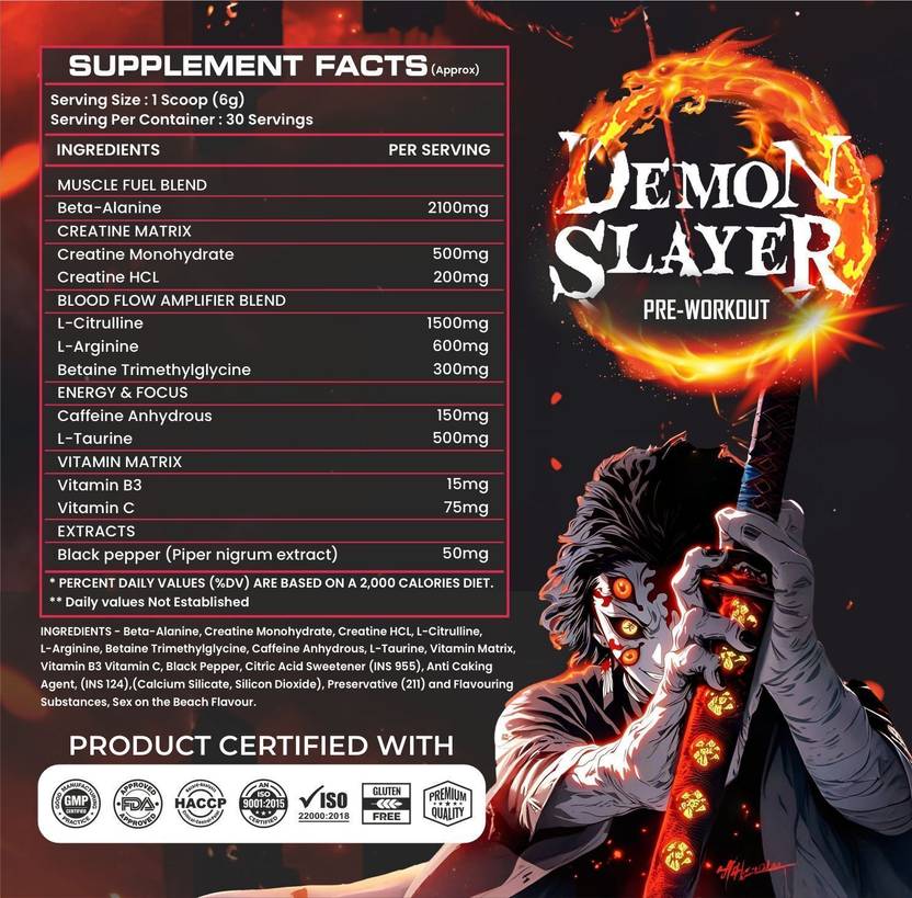 BIONIK NUTRITION Demon Slayer Pre-Workout | Extreme Energy, Pump & Focus, 2100mg Beta-Alanine Pre Workout (180 g, Sex on the Beach)