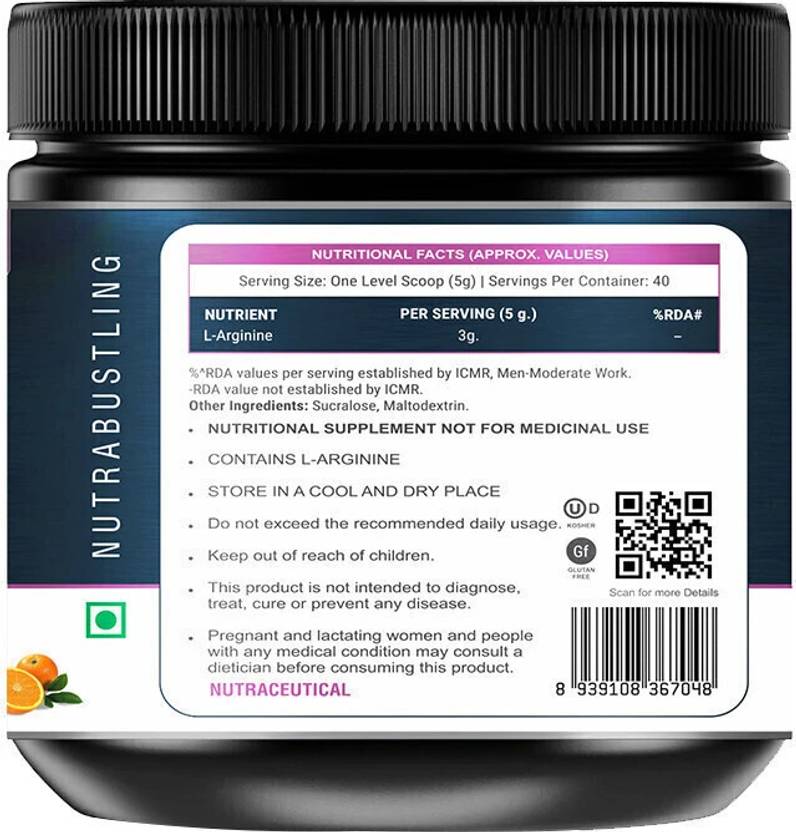 Nutrabustling L-arginine Supplement Powder | 100% Pure Nitric Oxide For Muscle Growth, Pre Workout (200 g, Orange)