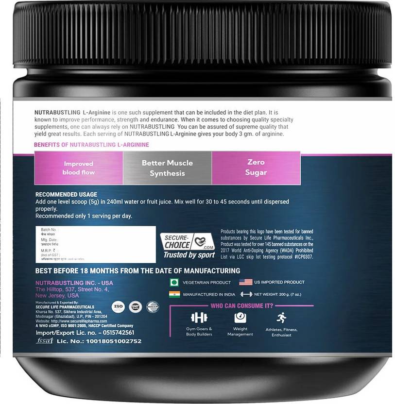 Nutrabustling L-arginine Supplement Powder | 100% Pure Nitric Oxide For Muscle Growth, Pre Workout (200 g, Orange)