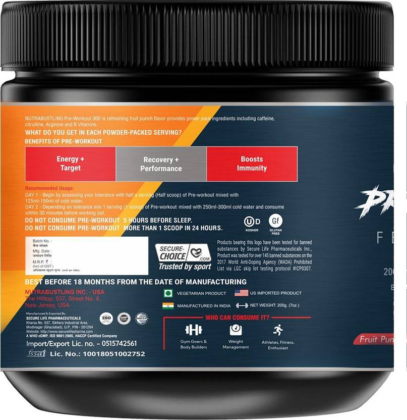 Nutrabustling Pre Workout Supplement | For Pump, Focus, Energy, Strength & Endurance | Pre Workout (200 g, Fruit Punch)