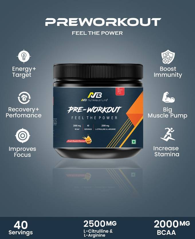 Nutrabustling Pre Workout Supplement | For Pump, Focus, Energy, Strength & Endurance | Pre Workout (200 g, Fruit Punch)