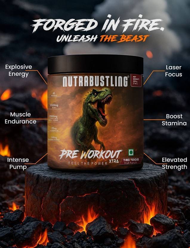 Nutrabustling Pre Workout Xtra | 2500mg Citrulline & Beta Alanine, 2000mg BCAA | 40 Servings Pre Workout (200 g, T-rex Venom)