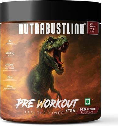 Nutrabustling Pre Workout Xtra | 2500mg Citrulline & Beta Alanine, 2000mg BCAA | 40 Servings Pre Workout (200 g, T-rex Venom)