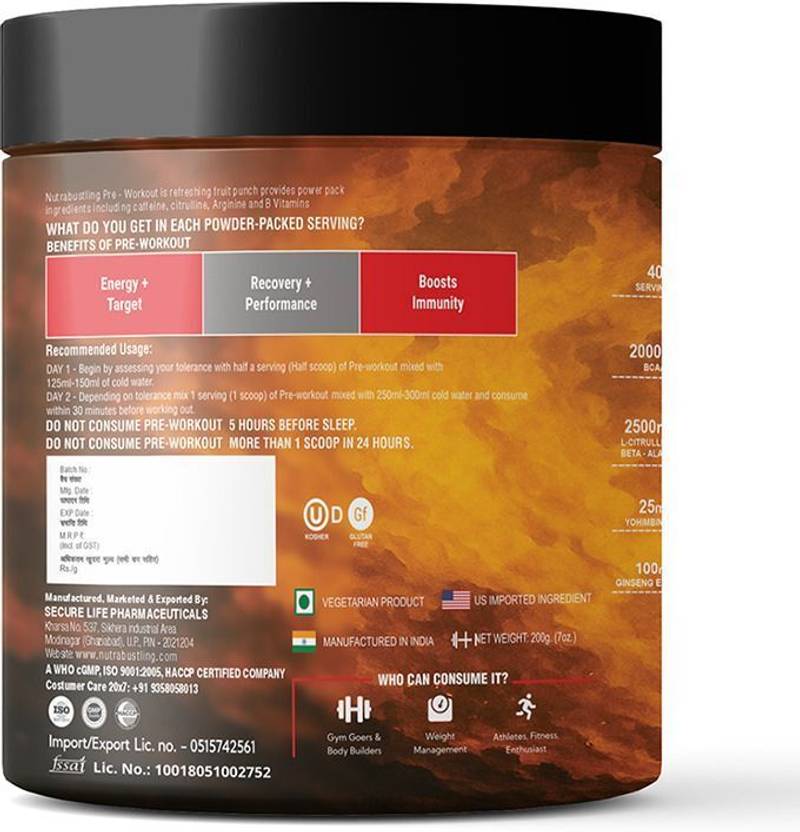 Nutrabustling Pre Workout Xtra | 2500mg Citrulline & Beta Alanine, 2000mg BCAA | 40 Servings Pre Workout (200 g, T-rex Venom)