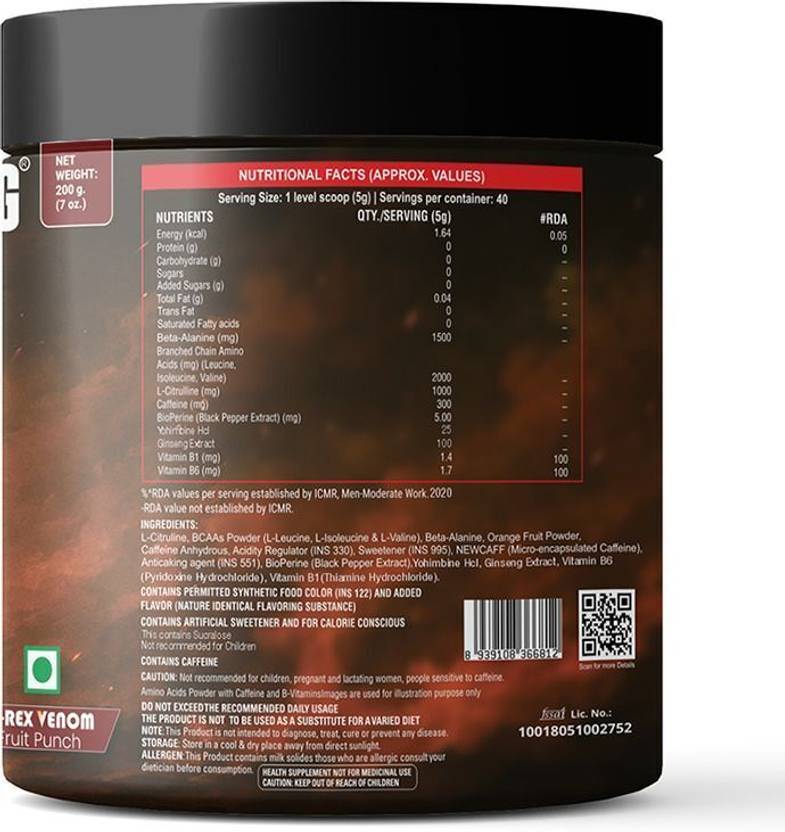 Nutrabustling Pre Workout Xtra | 2500mg Citrulline & Beta Alanine, 2000mg BCAA | 40 Servings Pre Workout (200 g, T-rex Venom)