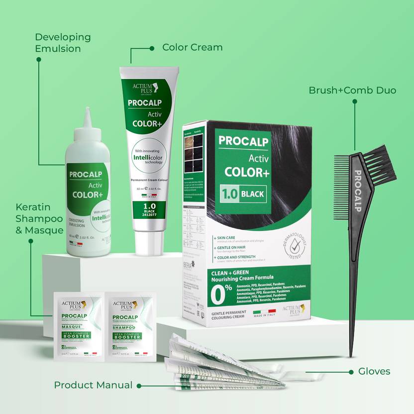 Actium Plus PROCALP Activ Color+ Long-lasting Permanent Hair Color, Dermatologist-tested 1.0 , Black