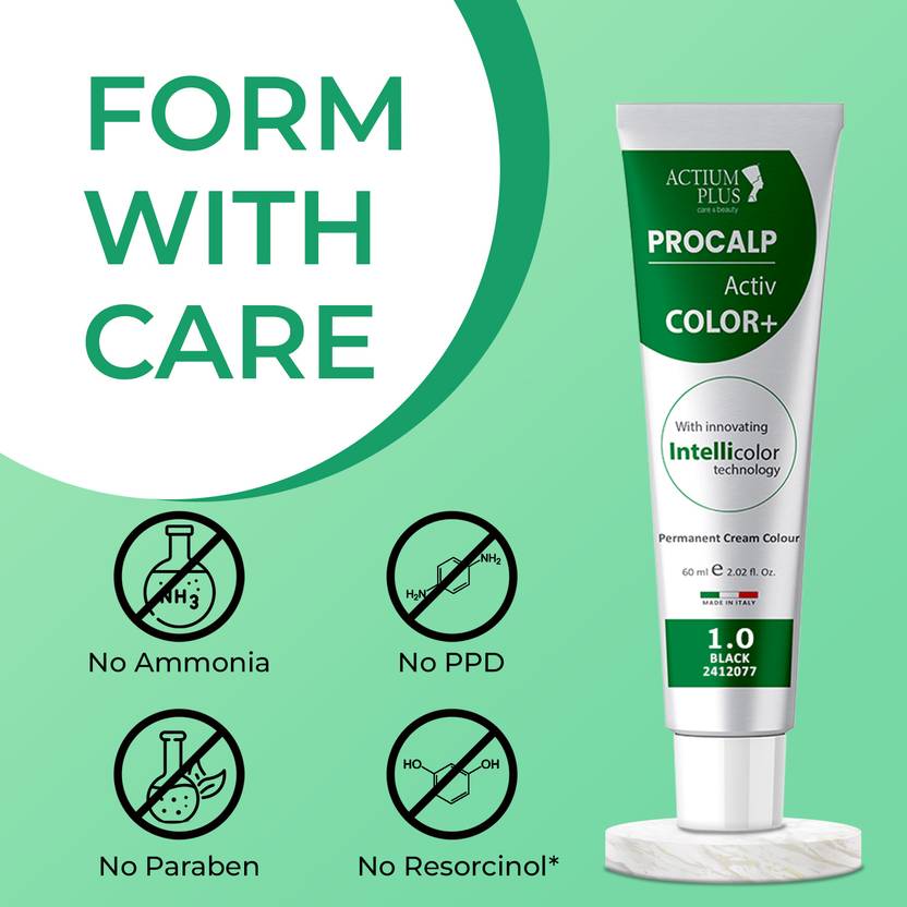 Actium Plus PROCALP Activ Color+ Long-lasting Permanent Hair Color, Dermatologist-tested 1.0 , Black