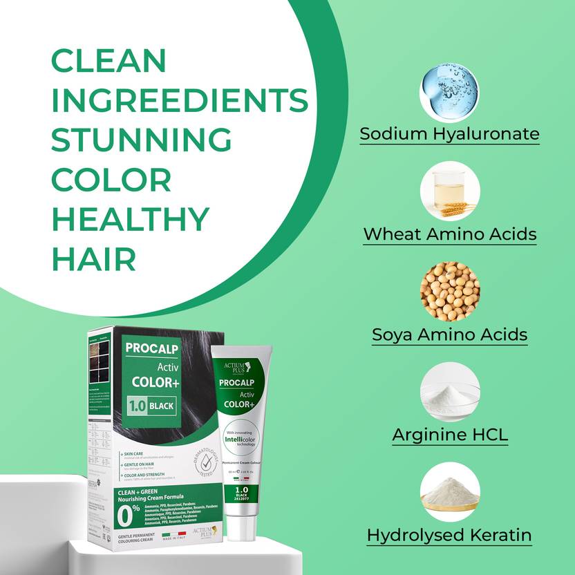 Actium Plus PROCALP Activ Color+ Long-lasting Permanent Hair Color, Dermatologist-tested 1.0 , Black