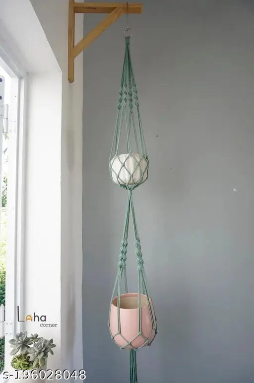 Macrame Double Plant Hanger 2 Tiers Handwoven Cotton Indoor Outdoor Plant Hanging Decor  hanging planters