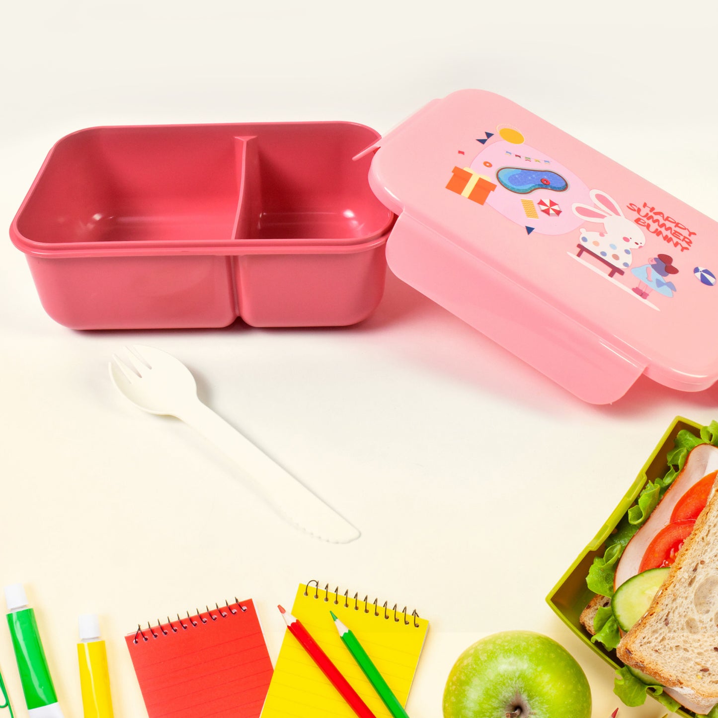 Plastic Lunch Box Leak Proof 2 Compartment With Bottle And Fork (1 Set Mix Color) - Springkart 