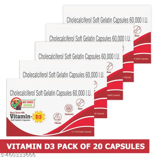 BEST CHOICE NUTRITION Vitamin D3 60K IU Capsule (20 NO) for Bone Joint Mental Health & Heart for Men & Women - Springkart 