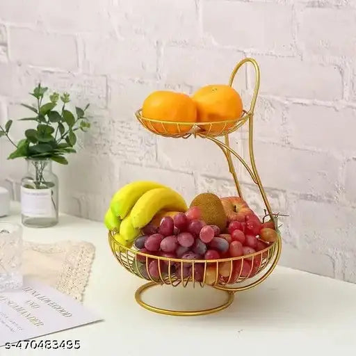 2 Tier Fruit and Vegetable Basket for Kitchen, Dining Table, Counter Top Big Size Fruit Bowl Organizer for and Stand Holder Table Countertop Rack [Gold)