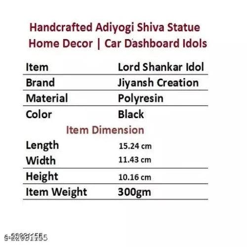 Lord Adiyogi Shiva Idol Statue for Car Dashboard Decor/Gift Item | Figurines & God Idol Decorative Showpiece (Black)| Size 15.24 X 11.43 X 10.16 cm - Springkart 