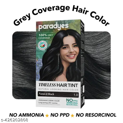 Paradyes Natural Black Timeless Hair Tint, Permanent Crème Hair Colour for Natural-Looking Results, Complete Grey Coverage, Long-Lasting Formula Free from PPD, Ammonia, & Resorcinol, 1.0 Natural Black
