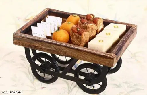 Primium Quality Wood Cart Snack Serving Platter for Dining Table Redi Shape Serving Tray. Colour:- Base-Black Powder Coating & Top Brown. Dimension:- (22x15x10) cm