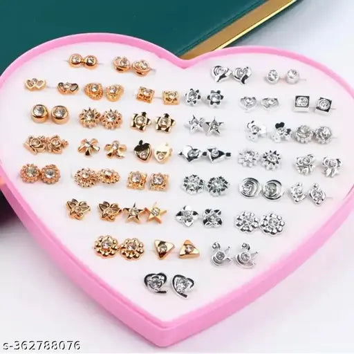 36 pair Silver & Gold stones earrings stud combo with heart shape box for Girls