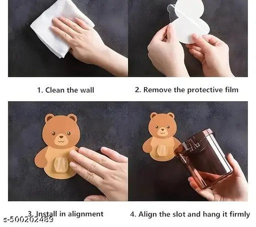 Toothbrush Holder Tumbler Wall Mounted with Teddy Magic Sticker (Pack of 2)