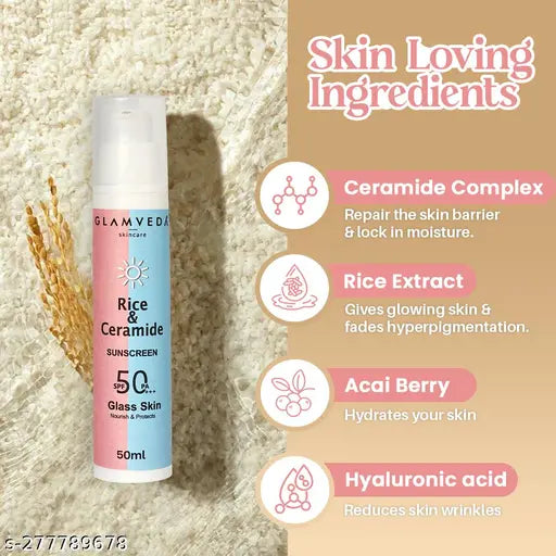 Glamveda Glass Skin Rice & Ceramide Sunscreen SPF 50 PA+++ | No White Cast | Water & Sweat Proof | Excess sebum production | 50 ml