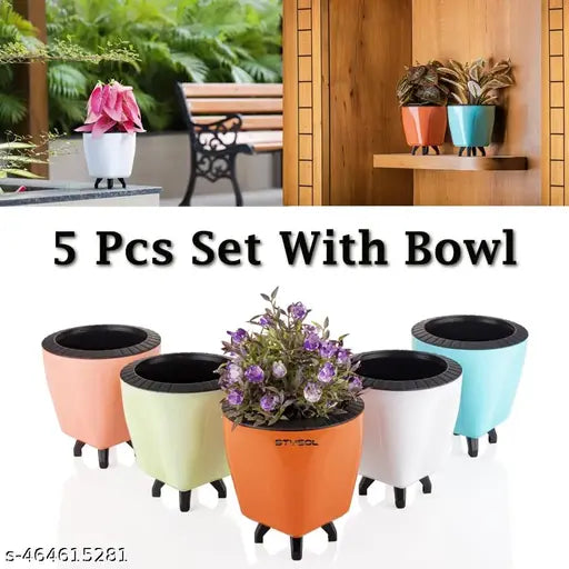 Stysol Plant Pots Indoor Plastic Flower Pots Indoor/Outdoor 5 Inch Set Of 5 Pack With Drainage Holes And Stand Saucers For Garden Pots - 5Pcs, Multicolour