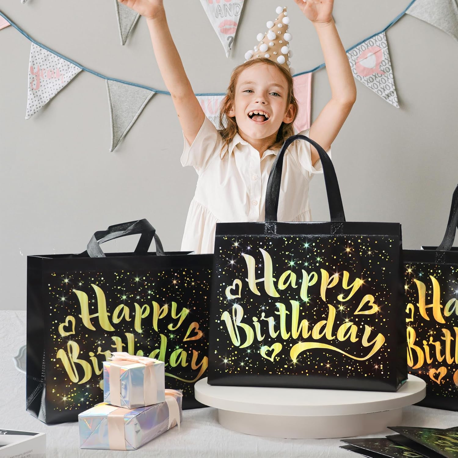 Birthday Gift Bag With Gold Shiny Stars Reusable Party Gift Bags (1 Pc) - Springkart 