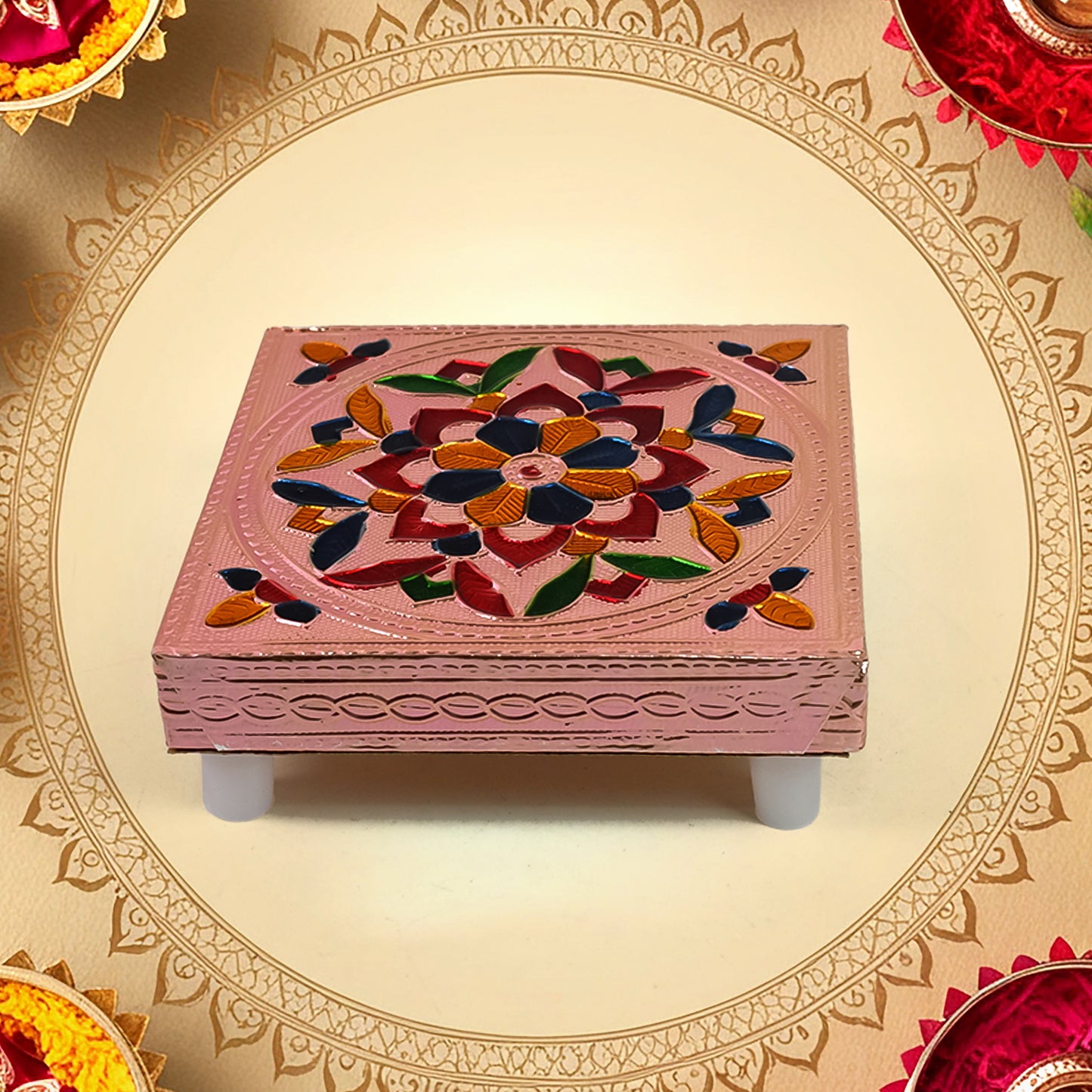 Handicraft Meenakari Wooden Chowki Puja Bajot For Home Office Decor For Puja Multicolour (1 Pc Set) - Springkart 
