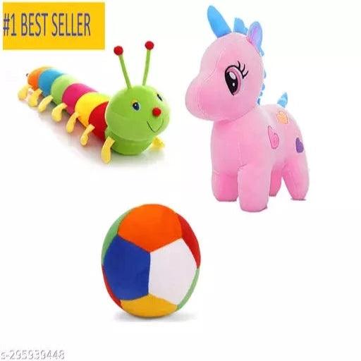 RT TOYS Imported Caterpillar(55CM), Pink Unicorn(25CM), & Rattle Ball Combo Pack Of 3 Soft Toy For Kids Birthday Girl/Boy, Gift For New Born Baby - Springkart 