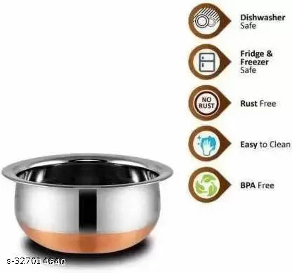 Stainless Steel Copper Base serving Set Handi Set of 5 Pieces with Lids/Serving Bowl Set/Cookware Set/Sauce Pot and handis (500ml, 800ml, 1000ml, 1200ml, 1500ml, 5 Pieces , Silver)Bhagona Set Tapeli Set ....
