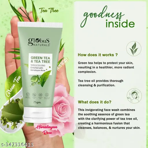 Green Tea & Tea Tree Radiance Face Wash, Enriched with  Rose, Ayurvedic Preparation, Paraben Free, Gentle & Mild, Suitable for Normal to Oily Skin, 75 gm (Pack of 5)