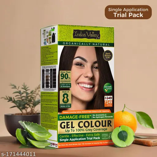 Indus valley Damage Free Natural Gel Hair Colour for Women | Ammonia & PPD Free Organic Hair Colour with 100% Grey Coverage, Long Lasting Conditioning Hair Color |Dark Brown- Trial Pack 60ml+5g