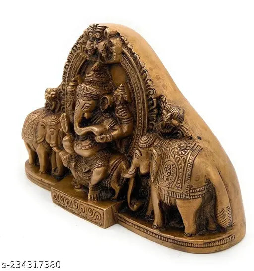 Metal wall hanging ganesh ji sitting on mushak with elephant pair decorative showpiece