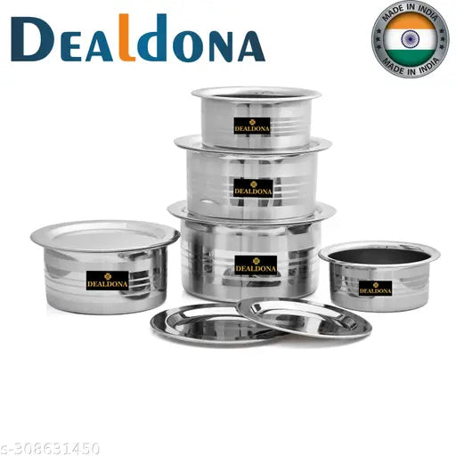 Dealdona Stainless Steel Patila Bhagona Tope Set With Lid Handi Milk Storage Tapeli Tapela Serving Set Cookware - Pot 20 cm, 18 cm, 16 cm, 14 cm, 12 cm diameter 2000 ML, 1500 ML, 1000ML, 750 ML & 500 ML capacity with Lid (Stainless Steel)