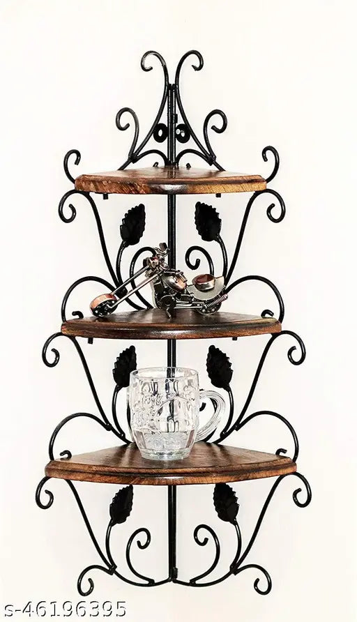 Beautiful Handicraft Wooden 3-Tier Corner Rack Shelf for Living Room (Brown, 26 X 13 X 9 Inches)