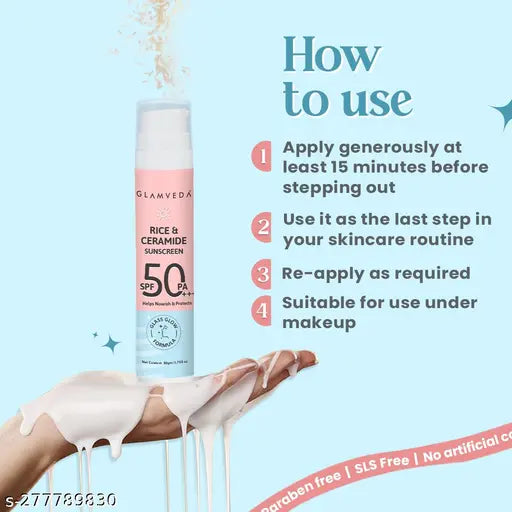 Glamveda Glass Skin Rice & Ceramide Sunscreen SPF 50 PA+++ | No White Cast | Water & Sweat Proof | Excess sebum production | 50 ml