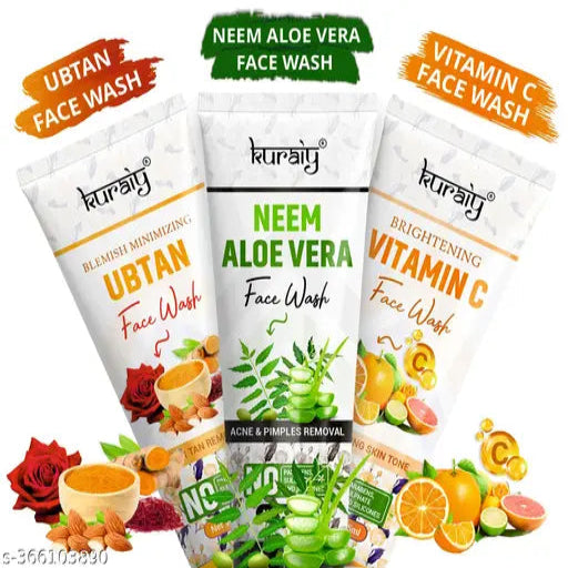KURAIY Neem Aloe Vera,Vitamin C & Ubtan Skin Whitening Brightening Face wash, Tan Removal Face wash, Oil Control, Spot Removal And All Skin Types Face wash (225ML) Combo