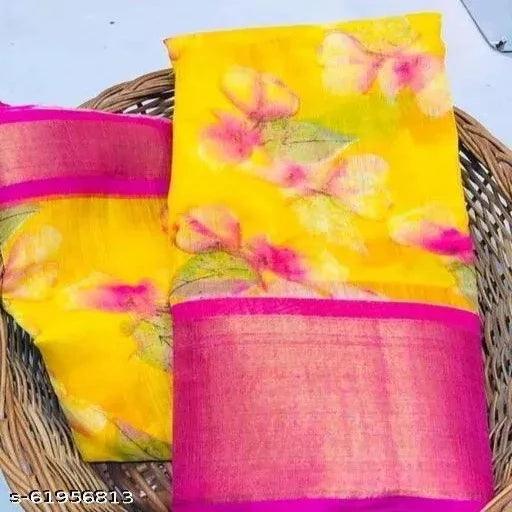 Navsarjan flower Printed cotton YELLOW saree - Springkart 