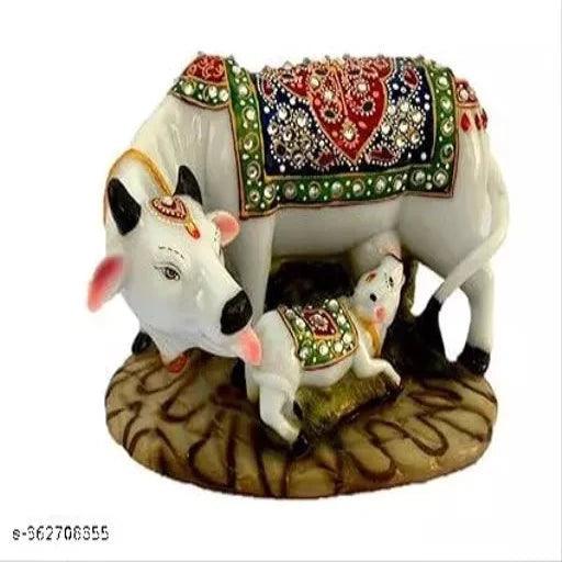 Kamdhenu Cow Murti Idol Good Shine Diamond work Hand Crafted Cow and Calf Idol - Springkart 