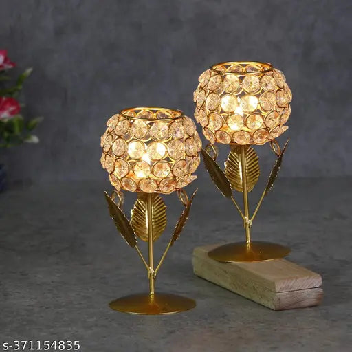 Crystal Gold Plated Flower Shape Tealight Candle Holders - Set of 2