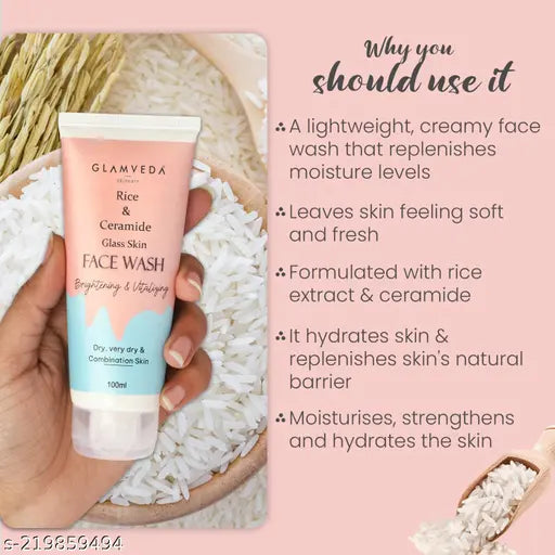 Glamveda Rice & Ceramide Korean Glass Skin Face Wash | Brightening & Clarifying |Dry Skin Types | No Paraben, SLS | 100ml ( Pack of 3 )