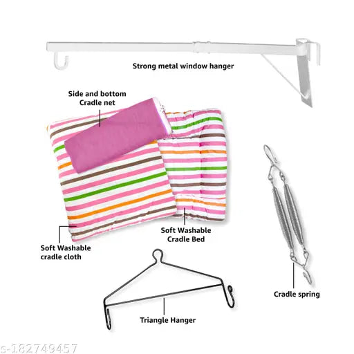 New Born Baby Jhula With Bed Cradle, Mosquito Net, Triangle Hanger and Metal Window Hanger|Weight Capacity upto 20kg | Age From 0-12 Months