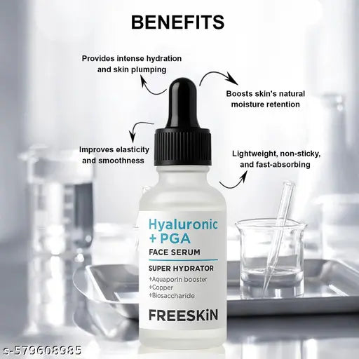 Freeskin Hyaluronic Acid + PGA Face Serum with Aquaporin Booster, Copper & Biosaccharide | Intense Hydration, Glowing Skin & Fine Line Care | Daily Use for Dry, Normal & Oily Skin | Unisex | 30ml