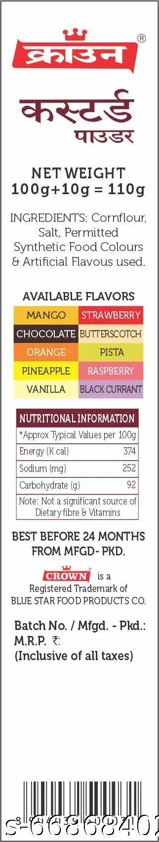 CROWN Custard Powder 330g (Pack of 110g x 3 Flavors: Vanilla, Raspberry, Pista)