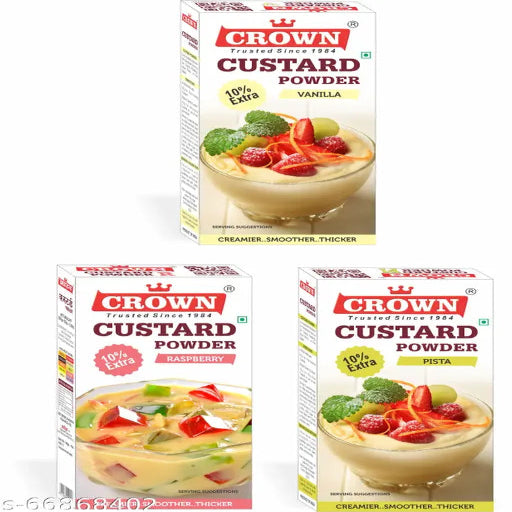 CROWN Custard Powder 330g (Pack of 110g x 3 Flavors: Vanilla, Raspberry, Pista)